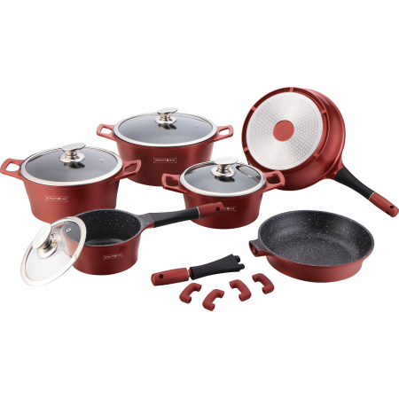Royalty Line RL-ES1014M: Batterie de cuisine 14 pièces avec revêtement en marbre Bordeaux