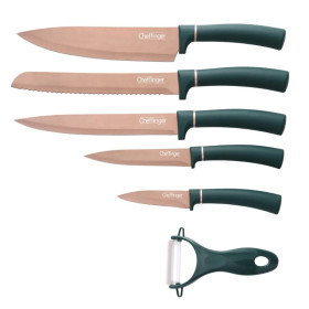 Cheffinger CF-MB10: Ensemble De Couteaux 6 Pièces Avec Revêtement En Marbre - Collection Titanium Gold + Vert.