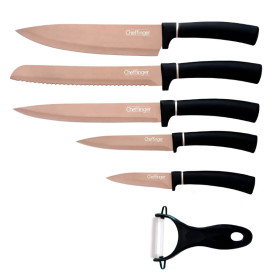 Cheffinger CF-MB12: Ensemble De Couteaux 6 Pièces Avec Revêtement En Marbre - Collection Titanium Gold + Noir.