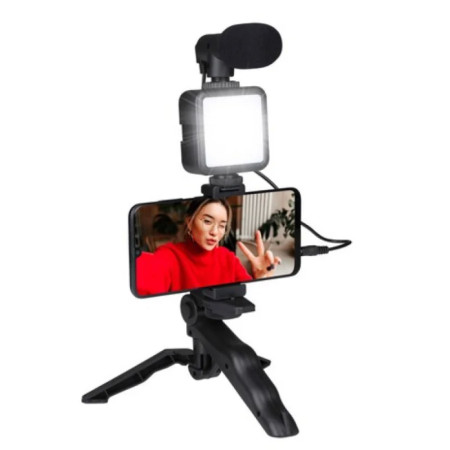 Grundig ED-38135: Kit de vlogging selfie studio 3 en 1 avec éclairage, microphone et trépied