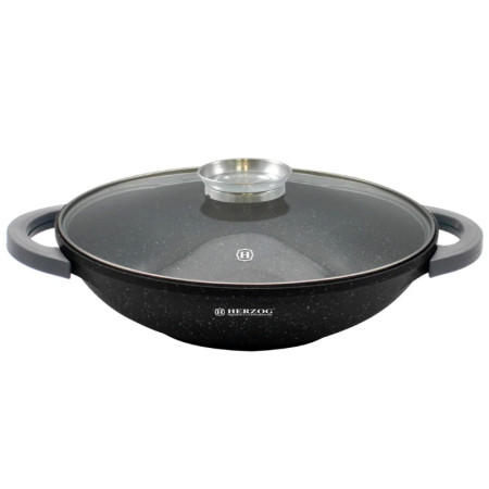 Herzog HR-5231: Wok à Revêtement en Marbre de 40 cm avec Bouton Aromatique avec Couvercle en Verre - 8.5L