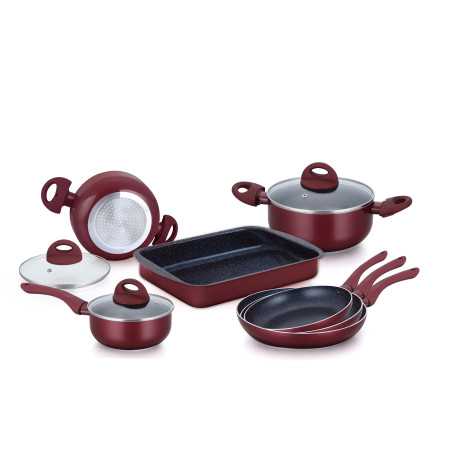 Herzberg HG-9016BR : Batterie de cuisine enduite de marbre 10 pièces - Bourgogne
